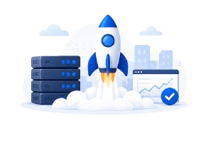 Ilustrasi peluncuran teknologi: deploy, rocket launch, dan metrik